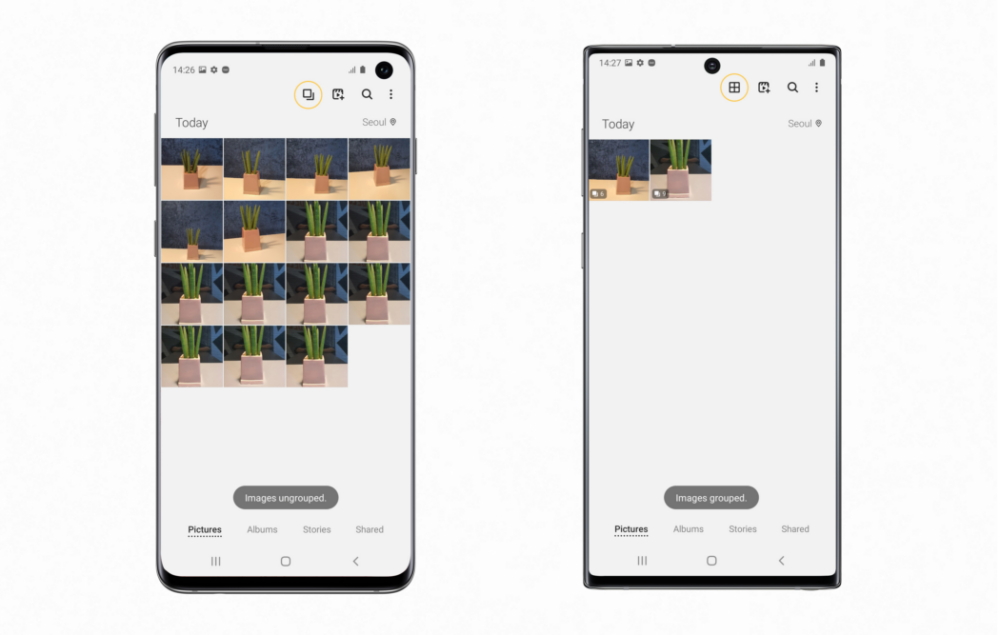 Tap the highlighted icon to group/ungroup gallery images on the Galaxy S10 (left), Clean View after grouping images on the Galaxy Note10