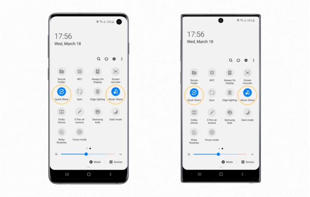 Quick Share and Music Share available on the Galaxy S10 (left), Quick Share and Music Share available on the Galaxy Note10